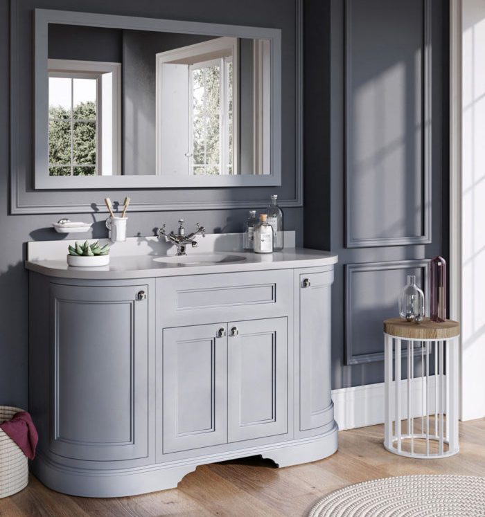 1340 Curved Vanity Unit Btw Baths, French Style Double Sink Vanity Unit